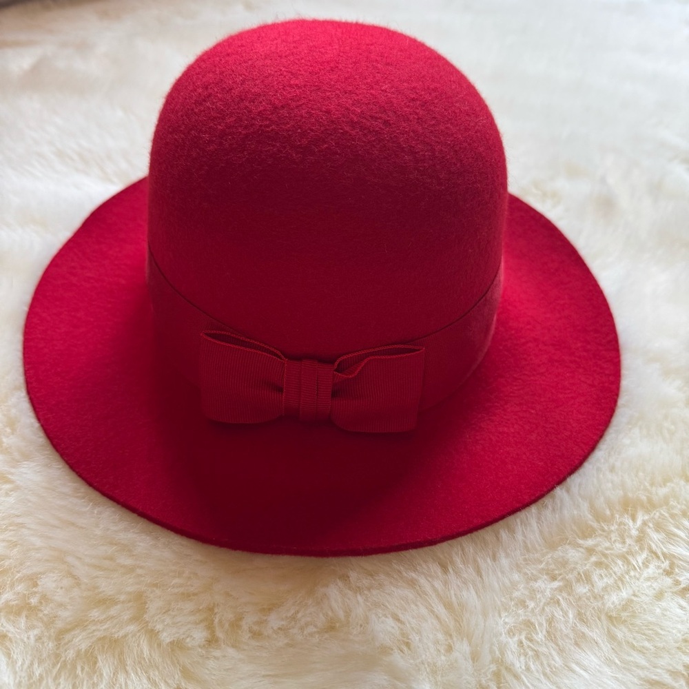 Festive Red Wool Medium Brim Hat with Bow